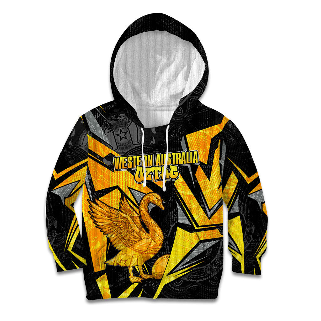 Personalised Western Australia Oztag Swan Kid Hoodie Black Gold Geometric Swan Aboriginal