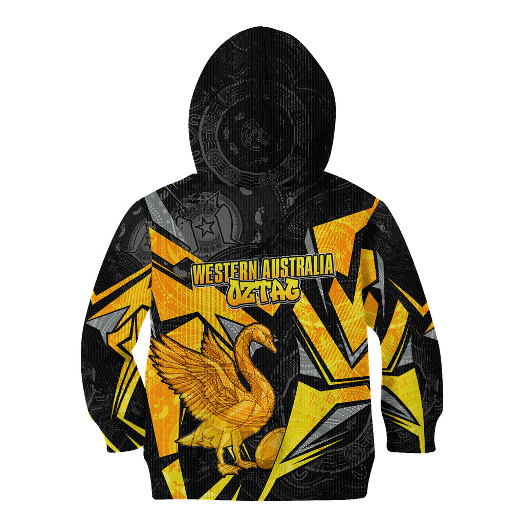 Personalised Western Australia Oztag Swan Kid Hoodie Black Gold Geometric Swan Aboriginal