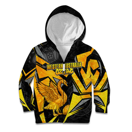 Personalised Western Australia Oztag Swan Kid Hoodie Black Gold Geometric Swan Aboriginal