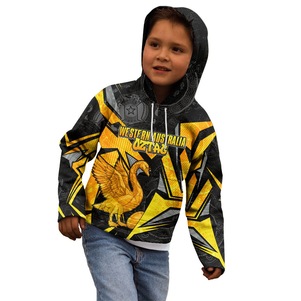 Personalised Western Australia Oztag Swan Kid Hoodie Black Gold Geometric Swan Aboriginal