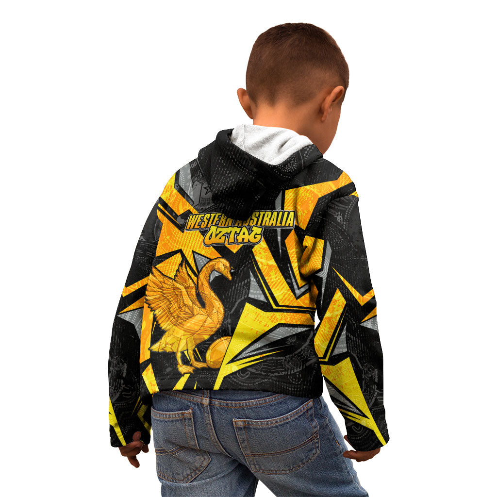 Personalised Western Australia Oztag Swan Kid Hoodie Black Gold Geometric Swan Aboriginal