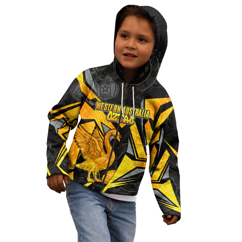 Personalised Western Australia Oztag Swan Kid Hoodie Black Gold Geometric Swan Aboriginal