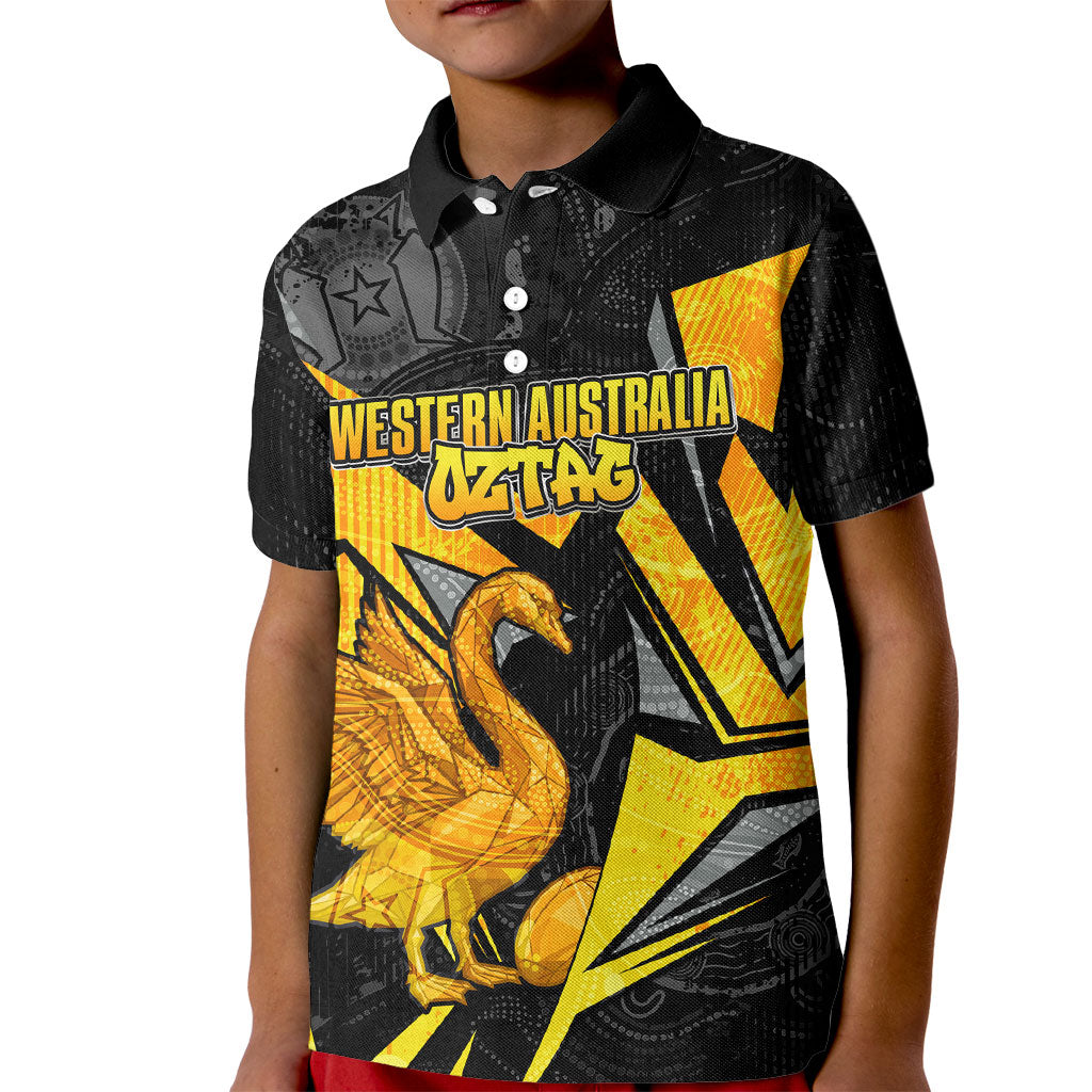 Personalised Western Australia Oztag Swan Kid Polo Shirt Black Gold Geometric Swan Aboriginal