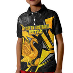 Personalised Western Australia Oztag Swan Kid Polo Shirt Black Gold Geometric Swan Aboriginal