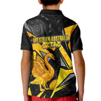 Personalised Western Australia Oztag Swan Kid Polo Shirt Black Gold Geometric Swan Aboriginal