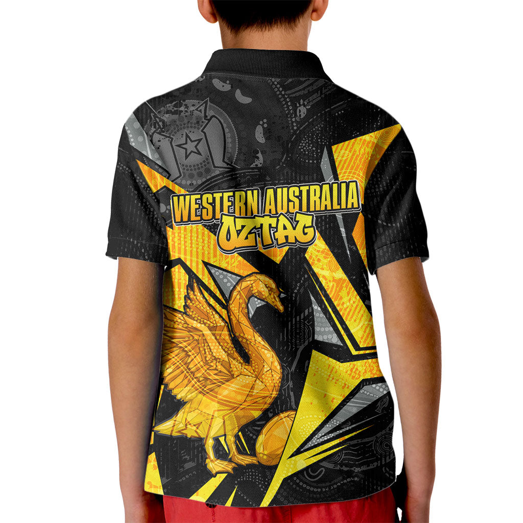 Personalised Western Australia Oztag Swan Kid Polo Shirt Black Gold Geometric Swan Aboriginal