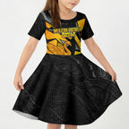 Personalised Western Australia Oztag Swan Kid Short Sleeve Dress Black Gold Geometric Swan Aboriginal