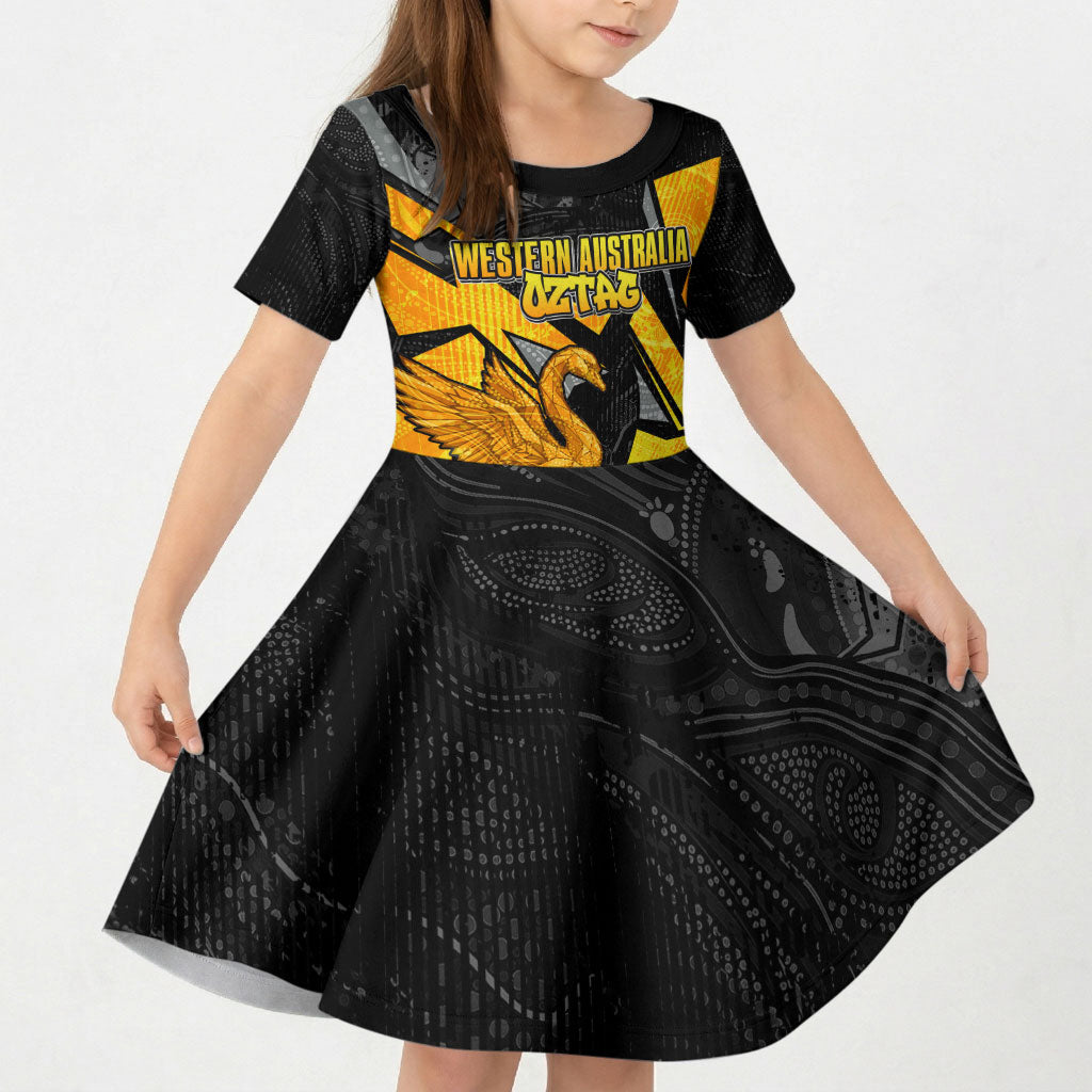 Personalised Western Australia Oztag Swan Kid Short Sleeve Dress Black Gold Geometric Swan Aboriginal