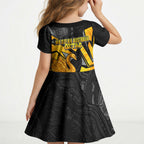 Personalised Western Australia Oztag Swan Kid Short Sleeve Dress Black Gold Geometric Swan Aboriginal