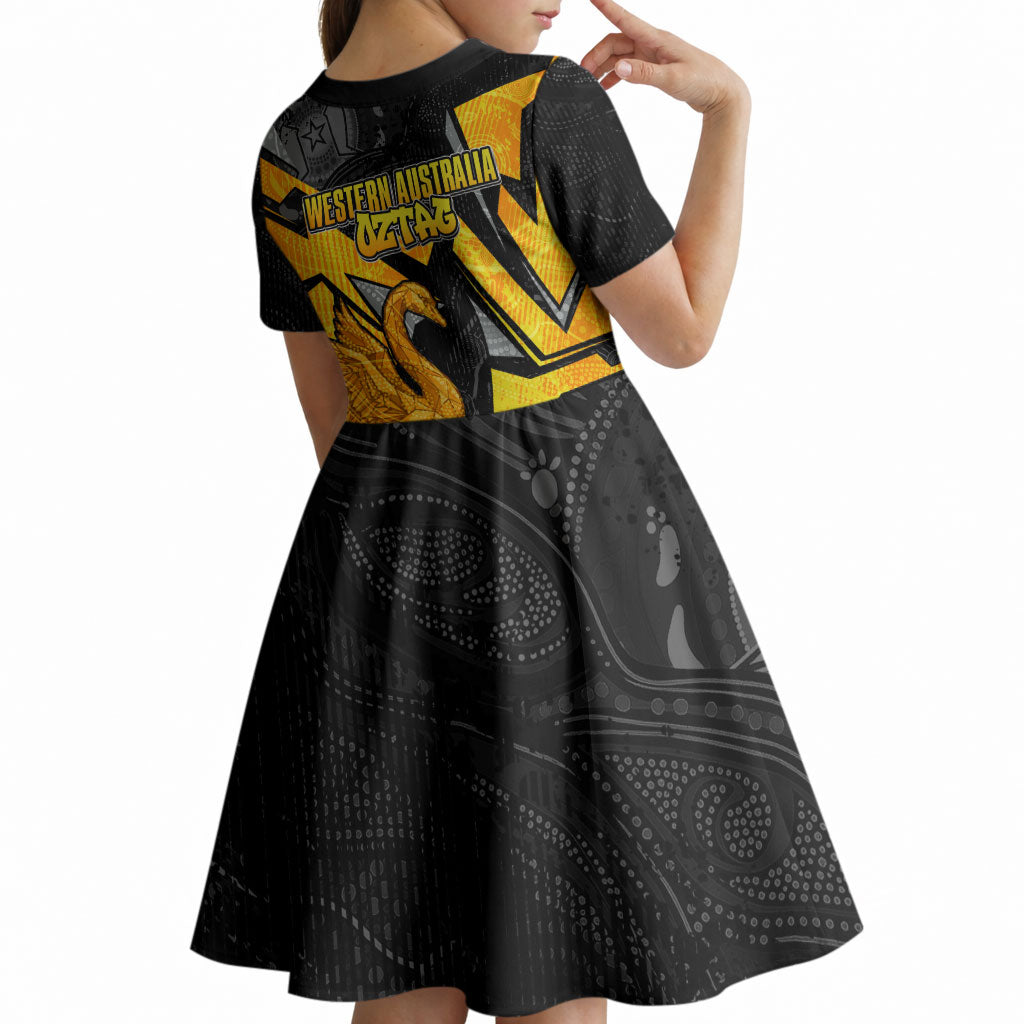 Personalised Western Australia Oztag Swan Kid Short Sleeve Dress Black Gold Geometric Swan Aboriginal