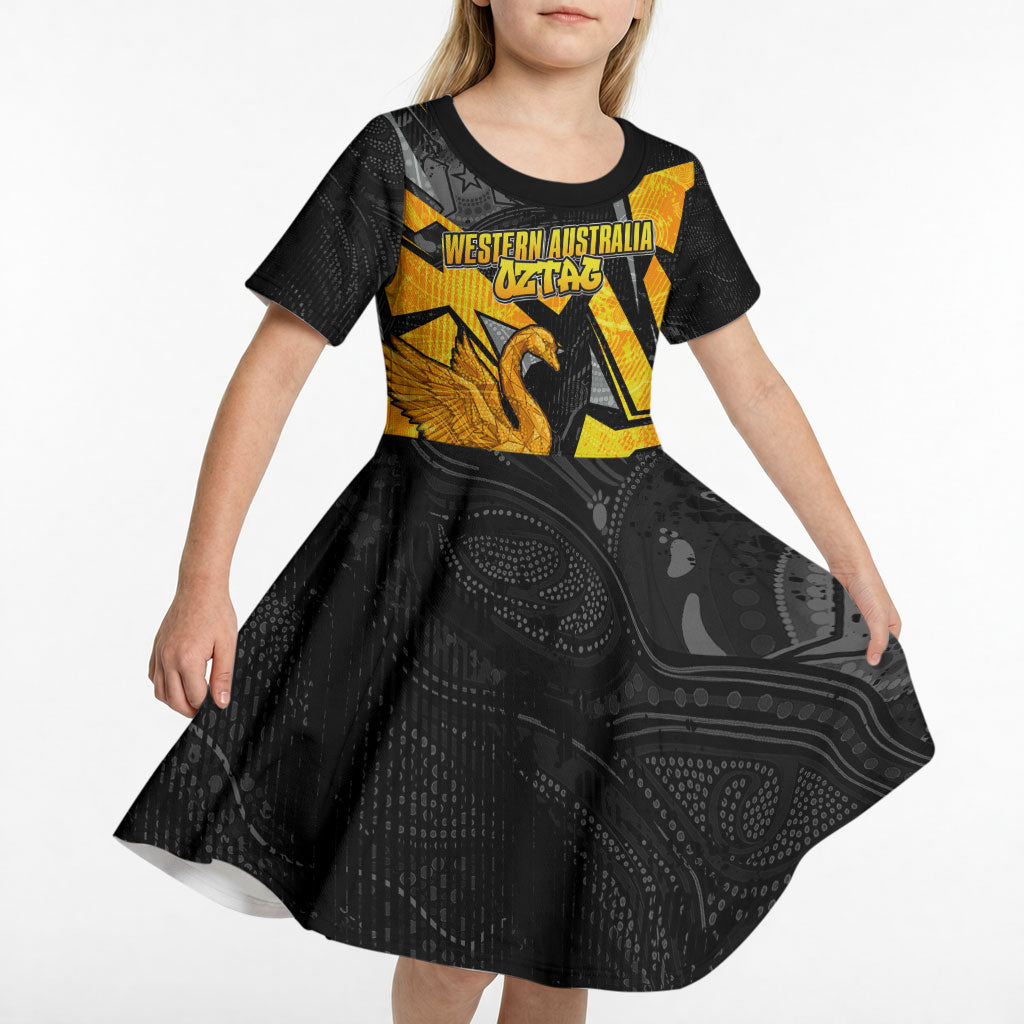 Personalised Western Australia Oztag Swan Kid Short Sleeve Dress Black Gold Geometric Swan Aboriginal