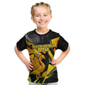 Personalised Western Australia Oztag Swan Kid T Shirt Black Gold Geometric Swan Aboriginal