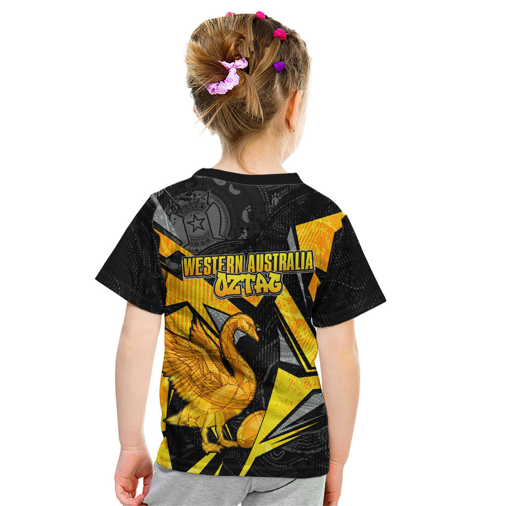 Personalised Western Australia Oztag Swan Kid T Shirt Black Gold Geometric Swan Aboriginal