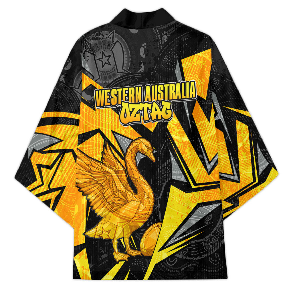 Personalised Western Australia Oztag Swan Kimono Black Gold Geometric Swan Aboriginal