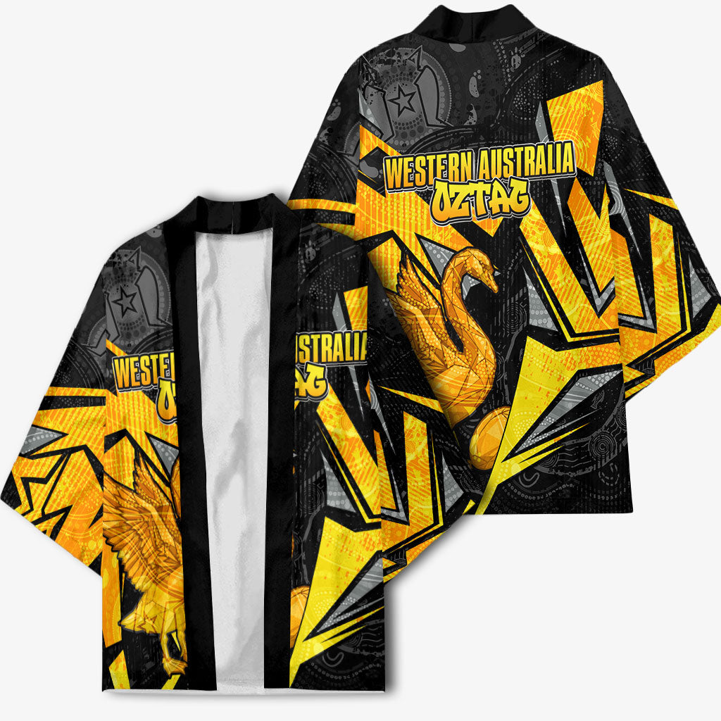 Personalised Western Australia Oztag Swan Kimono Black Gold Geometric Swan Aboriginal