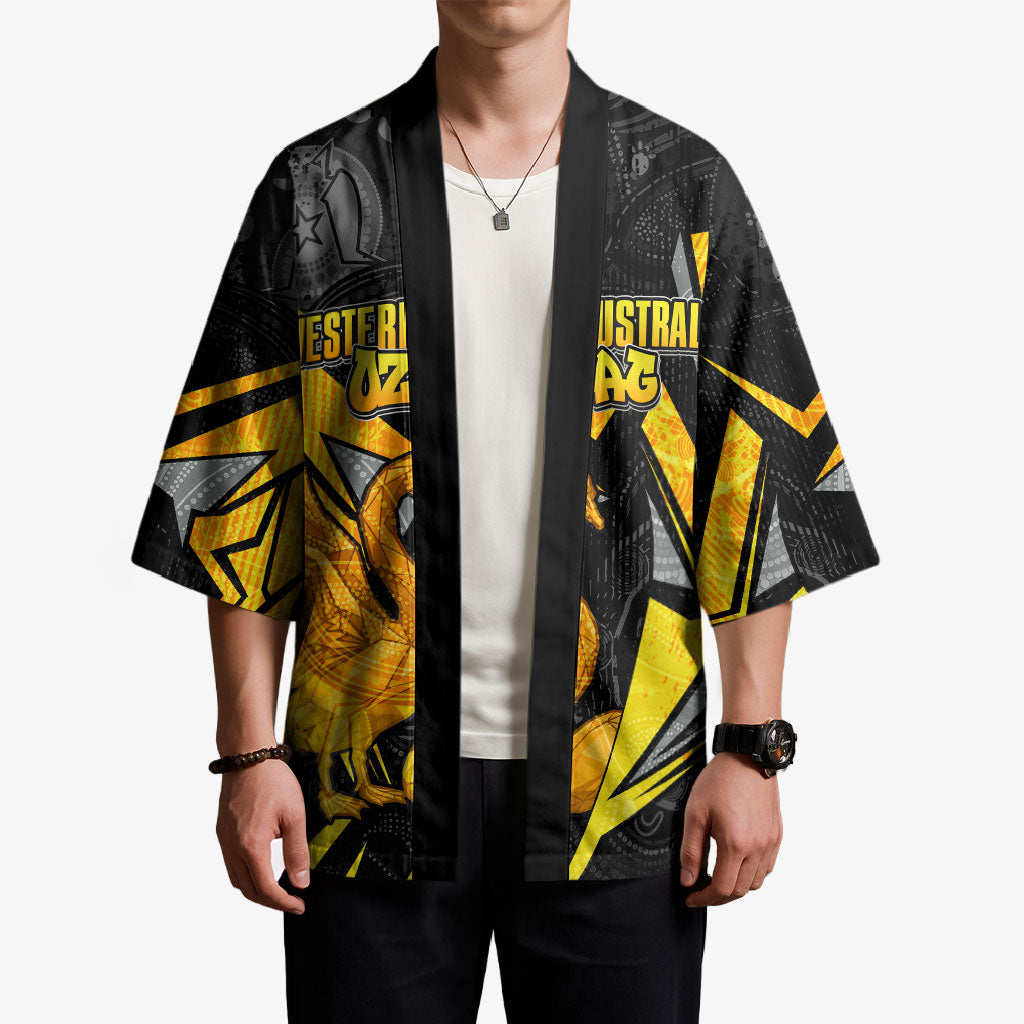 Personalised Western Australia Oztag Swan Kimono Black Gold Geometric Swan Aboriginal