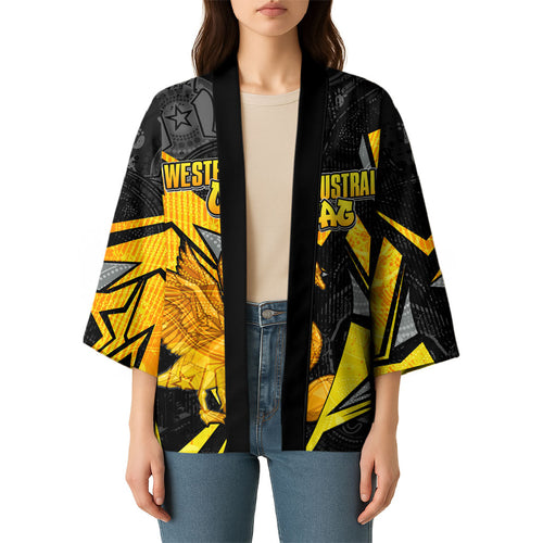 Personalised Western Australia Oztag Swan Kimono Black Gold Geometric Swan Aboriginal
