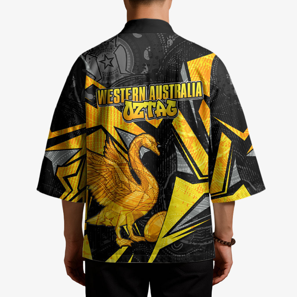 Personalised Western Australia Oztag Swan Kimono Black Gold Geometric Swan Aboriginal