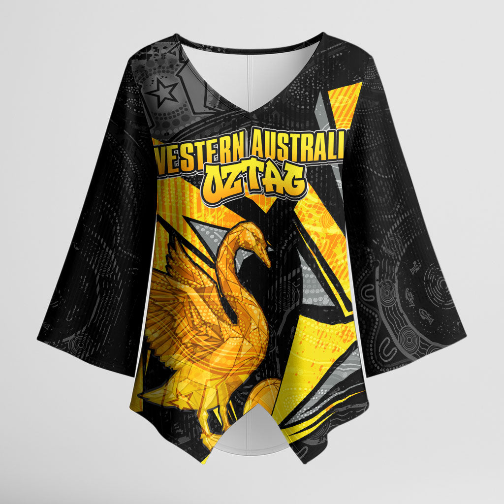 Personalised Western Australia Oztag Swan Kimono Sleeve Blouse Black Gold Geometric Swan Aboriginal