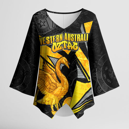 Personalised Western Australia Oztag Swan Kimono Sleeve Blouse Black Gold Geometric Swan Aboriginal