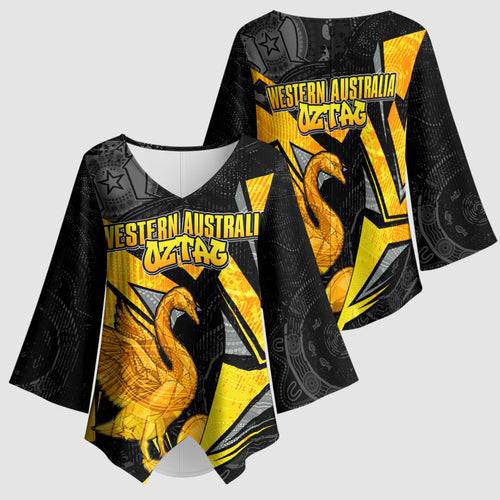 Personalised Western Australia Oztag Swan Kimono Sleeve Blouse Black Gold Geometric Swan Aboriginal