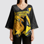Personalised Western Australia Oztag Swan Kimono Sleeve Blouse Black Gold Geometric Swan Aboriginal