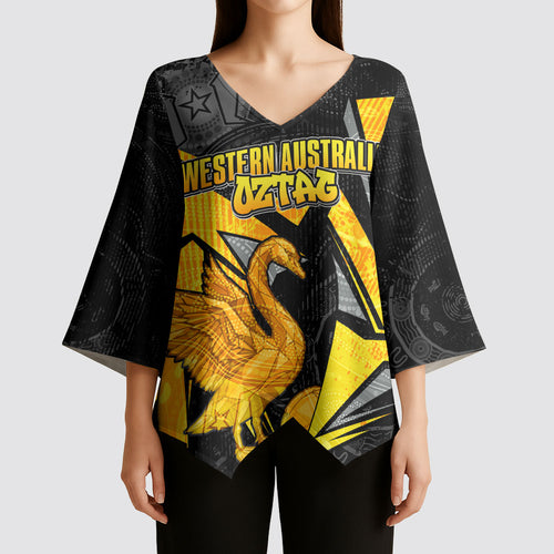 Personalised Western Australia Oztag Swan Kimono Sleeve Blouse Black Gold Geometric Swan Aboriginal