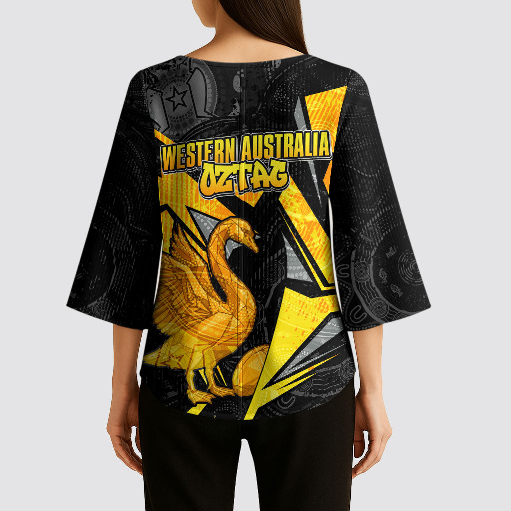 Personalised Western Australia Oztag Swan Kimono Sleeve Blouse Black Gold Geometric Swan Aboriginal