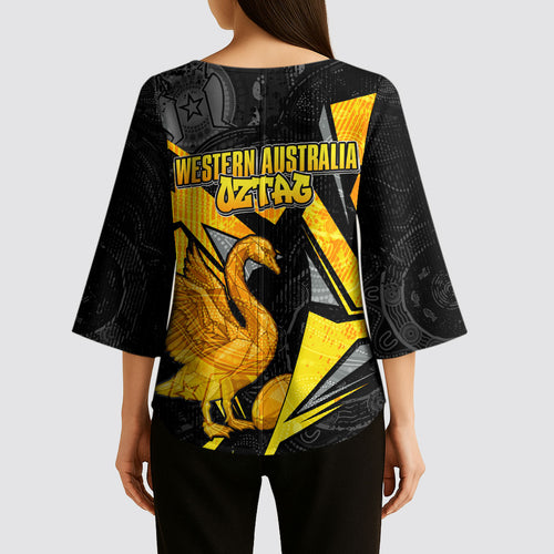 Personalised Western Australia Oztag Swan Kimono Sleeve Blouse Black Gold Geometric Swan Aboriginal