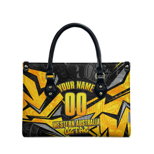 Personalised Western Australia Oztag Swan Leather Bag Black Gold Geometric Swan Aboriginal