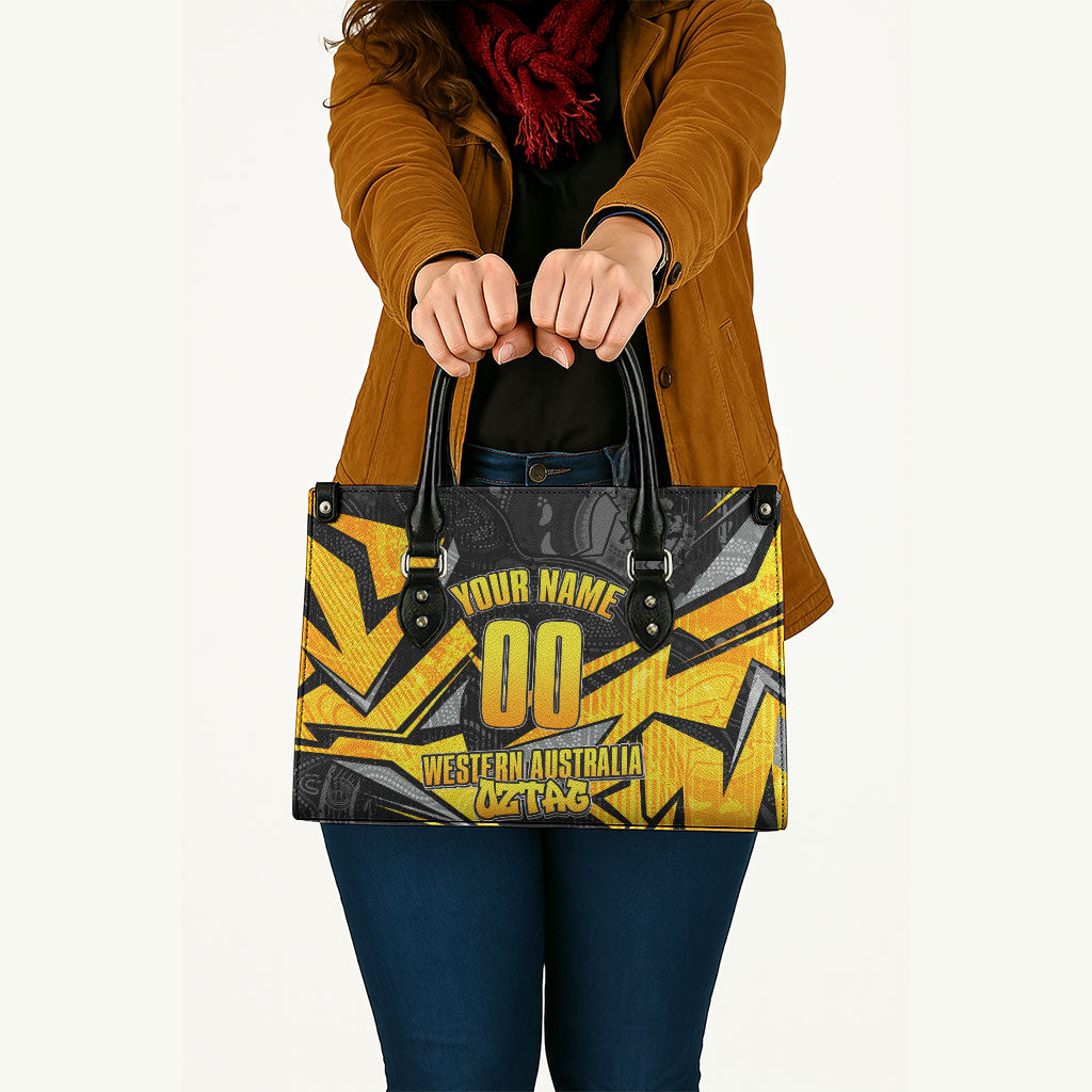 Personalised Western Australia Oztag Swan Leather Bag Black Gold Geometric Swan Aboriginal