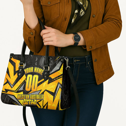 Personalised Western Australia Oztag Swan Leather Bag Black Gold Geometric Swan Aboriginal