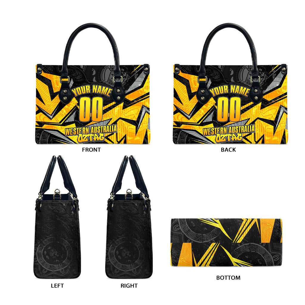 Personalised Western Australia Oztag Swan Leather Bag Black Gold Geometric Swan Aboriginal