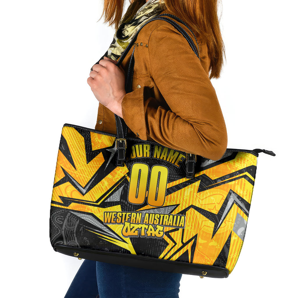 Personalised Western Australia Oztag Swan Leather Tote Bag Black Gold Geometric Swan Aboriginal