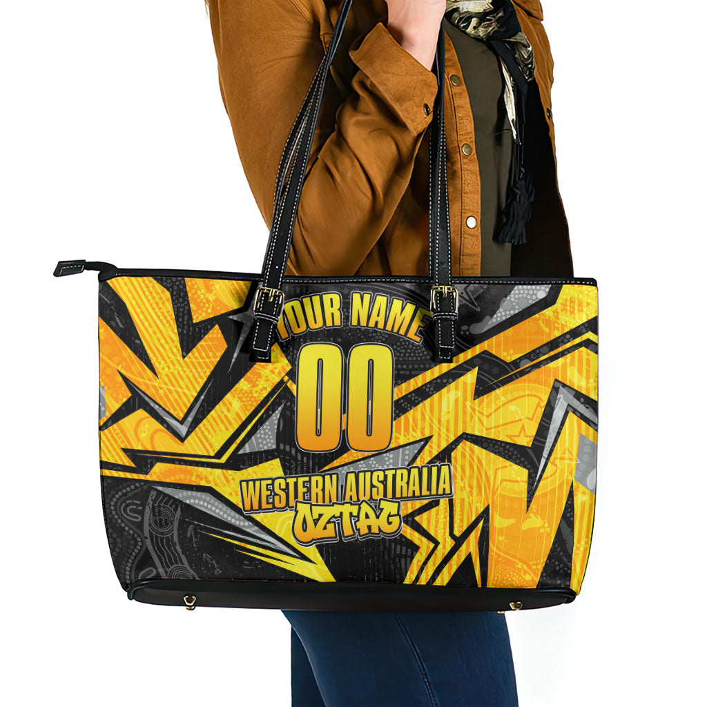 Personalised Western Australia Oztag Swan Leather Tote Bag Black Gold Geometric Swan Aboriginal