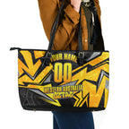 Personalised Western Australia Oztag Swan Leather Tote Bag Black Gold Geometric Swan Aboriginal