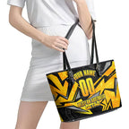 Personalised Western Australia Oztag Swan Leather Tote Bag Black Gold Geometric Swan Aboriginal