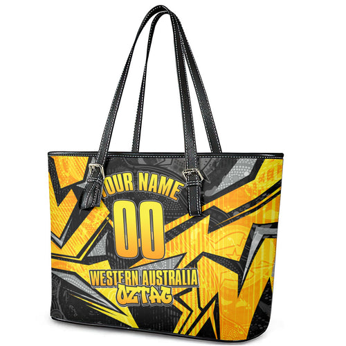 Personalised Western Australia Oztag Swan Leather Tote Bag Black Gold Geometric Swan Aboriginal