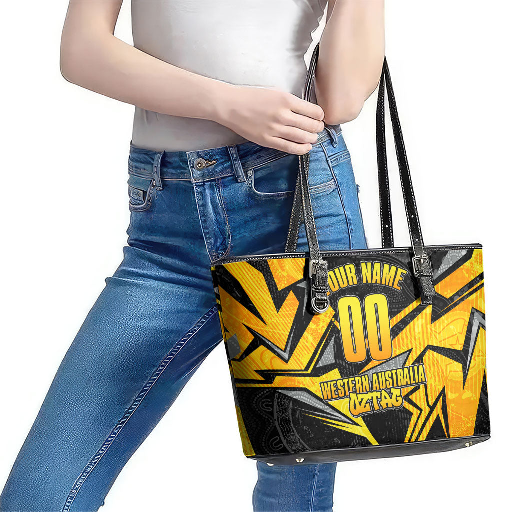 Personalised Western Australia Oztag Swan Leather Tote Bag Black Gold Geometric Swan Aboriginal