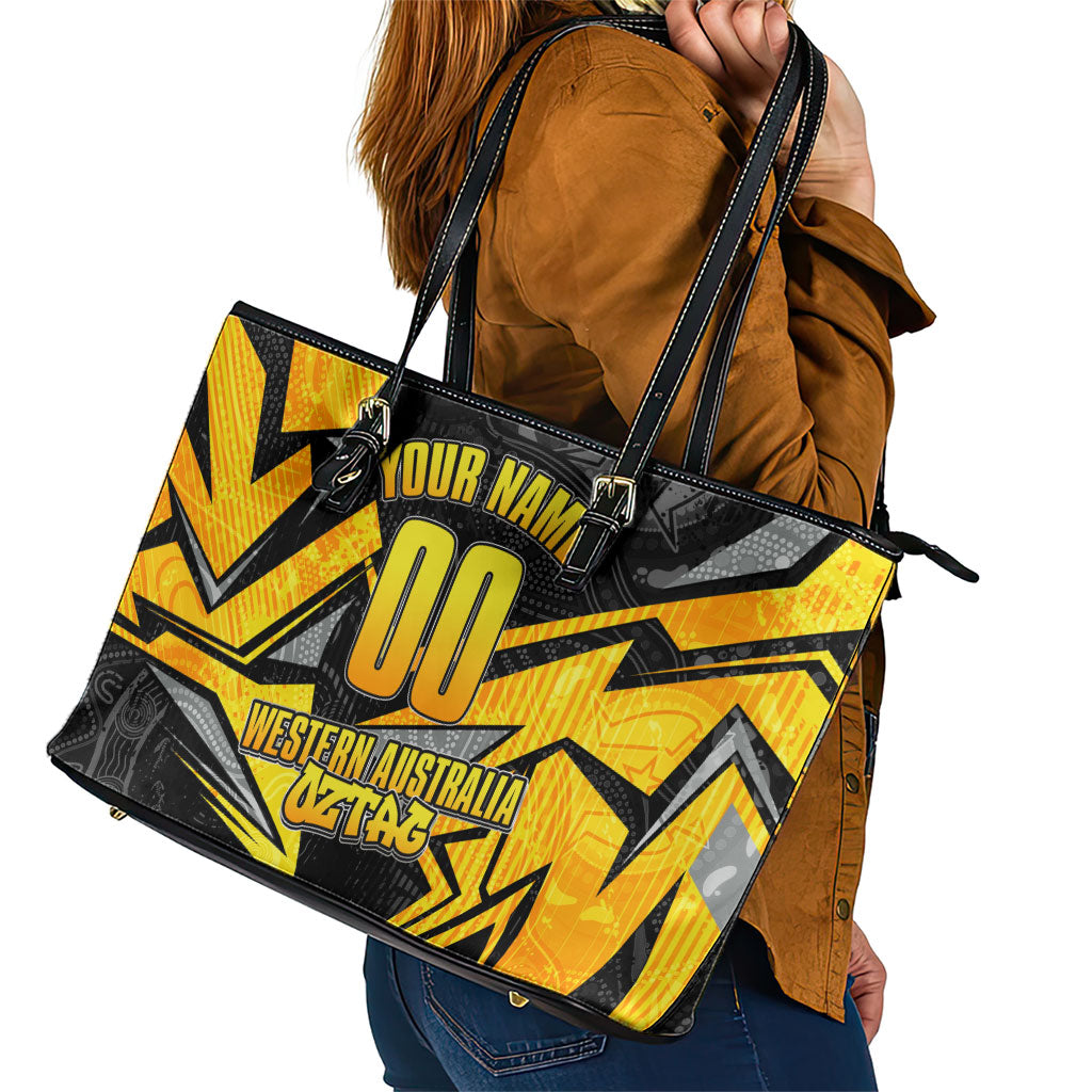 Personalised Western Australia Oztag Swan Leather Tote Bag Black Gold Geometric Swan Aboriginal