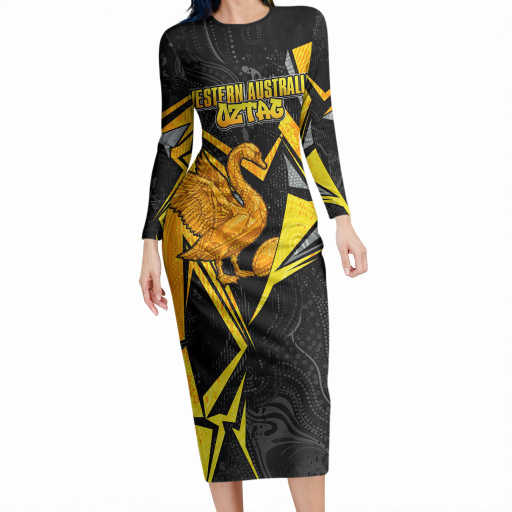 Personalised Western Australia Oztag Swan Long Sleeve Bodycon Dress Black Gold Geometric Swan Aboriginal