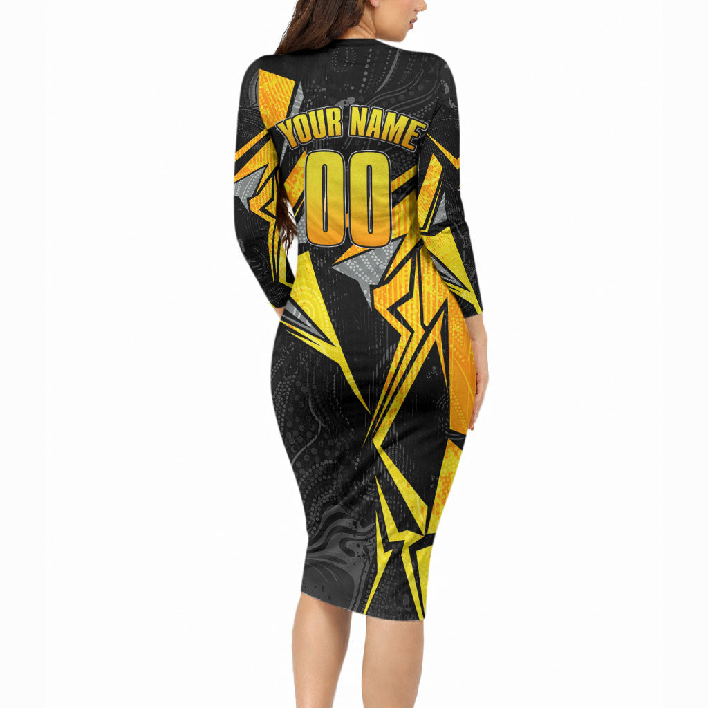 Personalised Western Australia Oztag Swan Long Sleeve Bodycon Dress Black Gold Geometric Swan Aboriginal