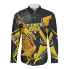 Personalised Western Australia Oztag Swan Long Sleeve Button Shirt Black Gold Geometric Swan Aboriginal