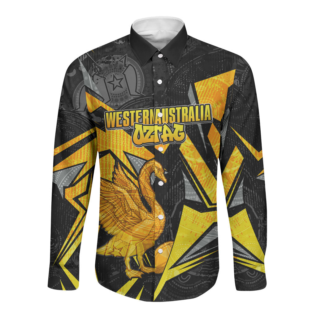 Personalised Western Australia Oztag Swan Long Sleeve Button Shirt Black Gold Geometric Swan Aboriginal