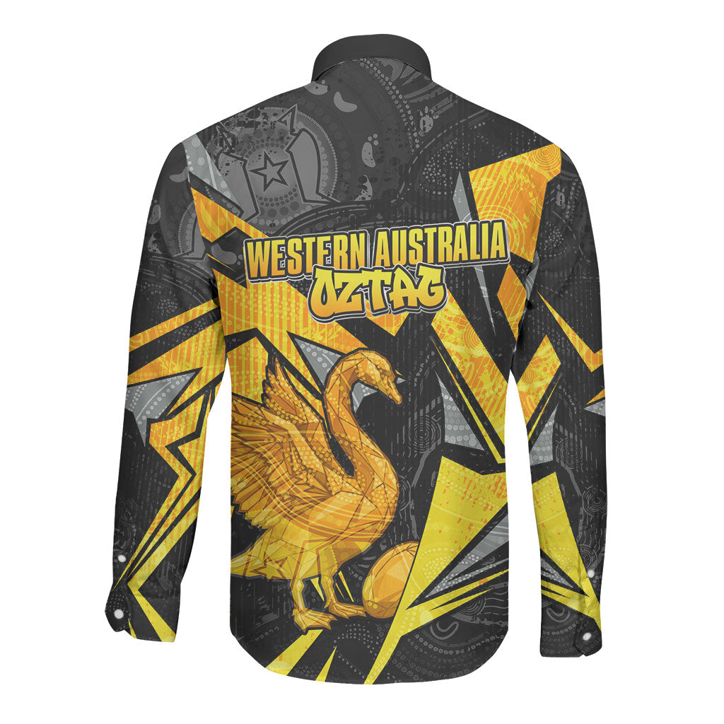 Personalised Western Australia Oztag Swan Long Sleeve Button Shirt Black Gold Geometric Swan Aboriginal
