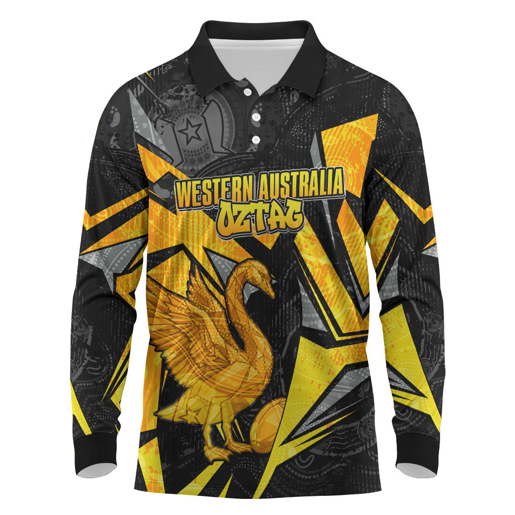 Personalised Western Australia Oztag Swan Long Sleeve Polo Shirt Black Gold Geometric Swan Aboriginal