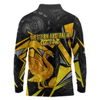 Personalised Western Australia Oztag Swan Long Sleeve Polo Shirt Black Gold Geometric Swan Aboriginal