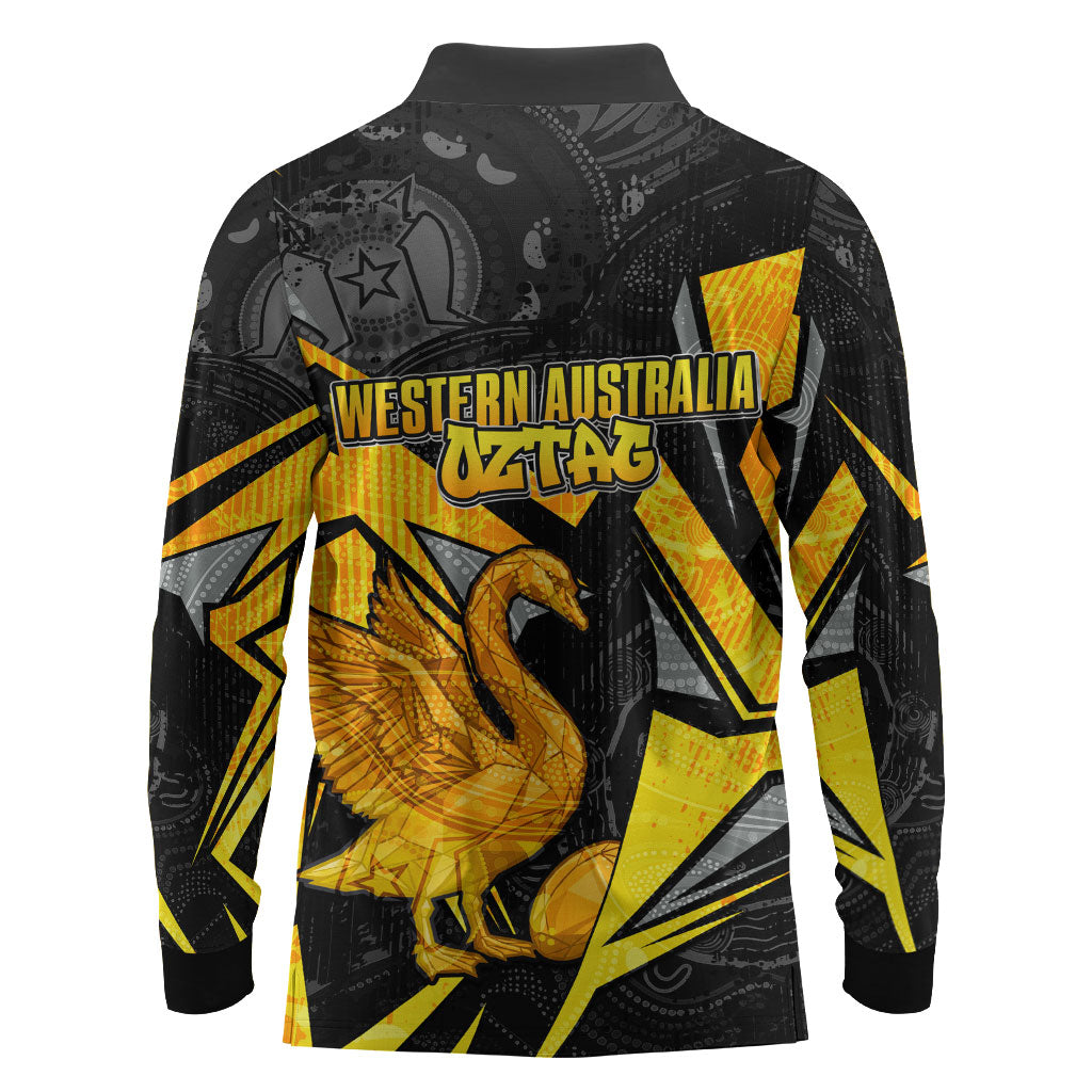Personalised Western Australia Oztag Swan Long Sleeve Polo Shirt Black Gold Geometric Swan Aboriginal