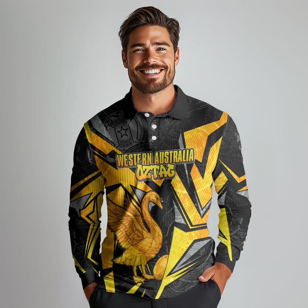 Personalised Western Australia Oztag Swan Long Sleeve Polo Shirt Black Gold Geometric Swan Aboriginal