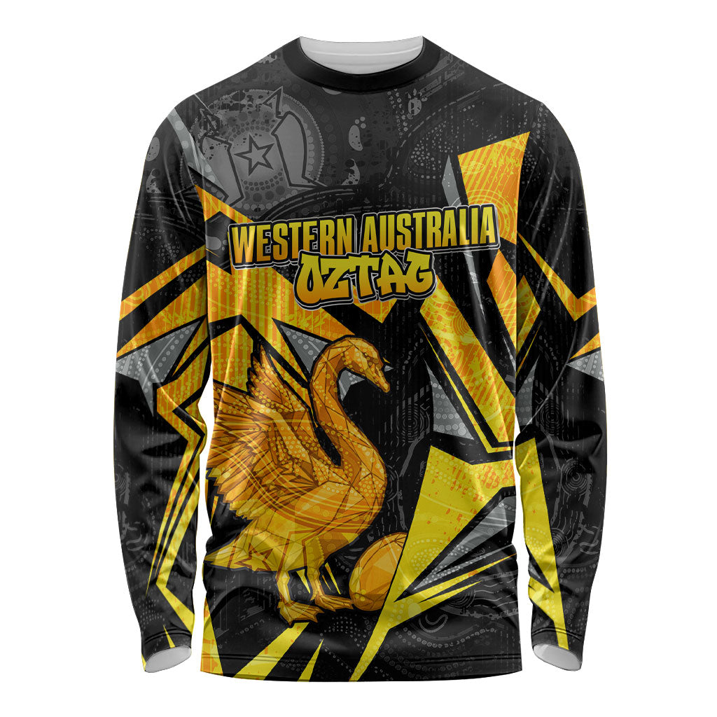 Personalised Western Australia Oztag Swan Long Sleeve Shirt Black Gold Geometric Swan Aboriginal